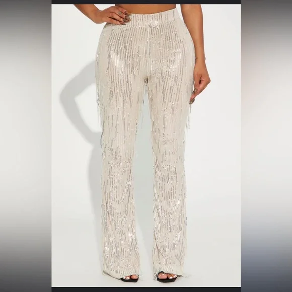 NWT Fashion Nova Out All Night Sequin Pant in Color Cream Size Small NEW BRIDAL - Picture 2 of 6
